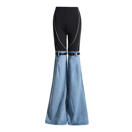 Summer Color Contrast Stitching Denim Belt High Elasticity Slimming Flab Hiding Casual Pants Trousers