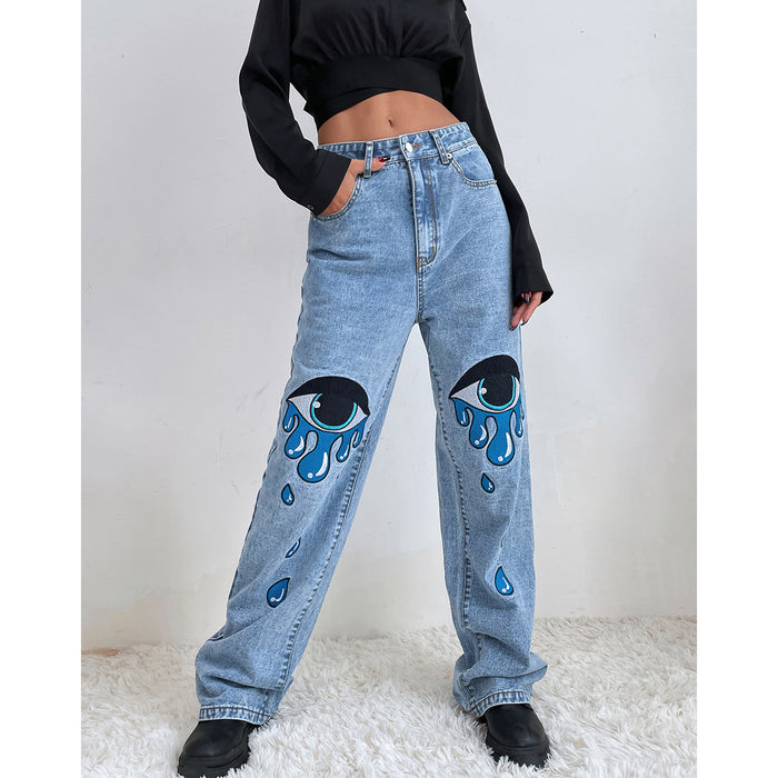 Women Clothing Sexy Personalized Printed High Waist Straight Leg Denim Trousers