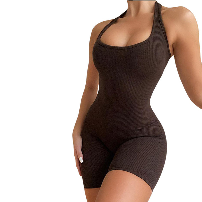 Spring Clothing Solid Color Sexy Backless Halter Short Sports Romper