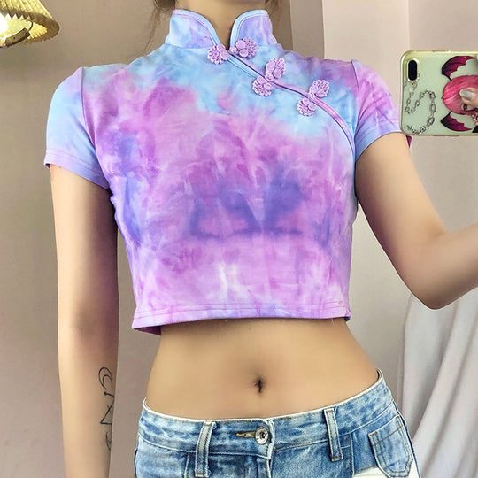 Women Clothing Spring Summer Sexy Short Sleeve Cropped Stand Collar Buckle Tie Dyed T Shirt