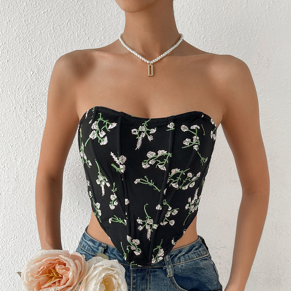 Sexy Lace Embroidery Floral Bow Tie Lace-up Tube Top Boning Corset Vest