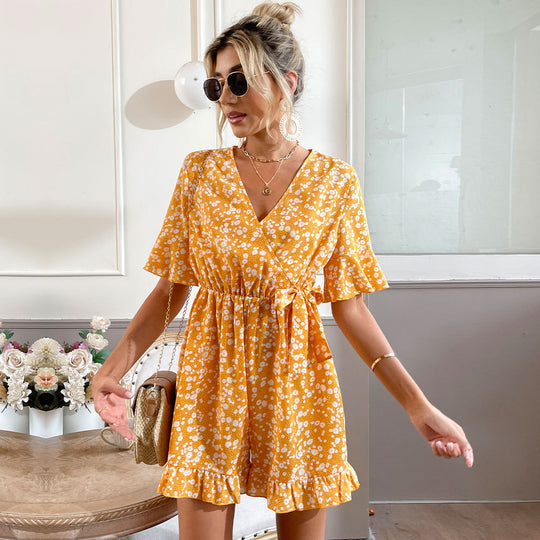 Summer Women Clothing Bell Sleeve V-neck Lace-up Printed Casual One-Piece Suit Women Romper