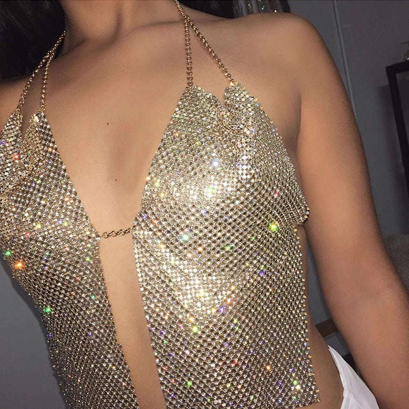 Women Clothing Flashing Rhinestone Deep V Plunge Plunge Chain Sexy Backless Halter Sling Sexy Top Ultra Short Sling