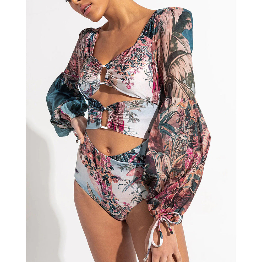Long Sleeve Mesh Printing Stitching Hollow Out Cutout Out Swimsuit Women High Waist One Piece Swimsuit
