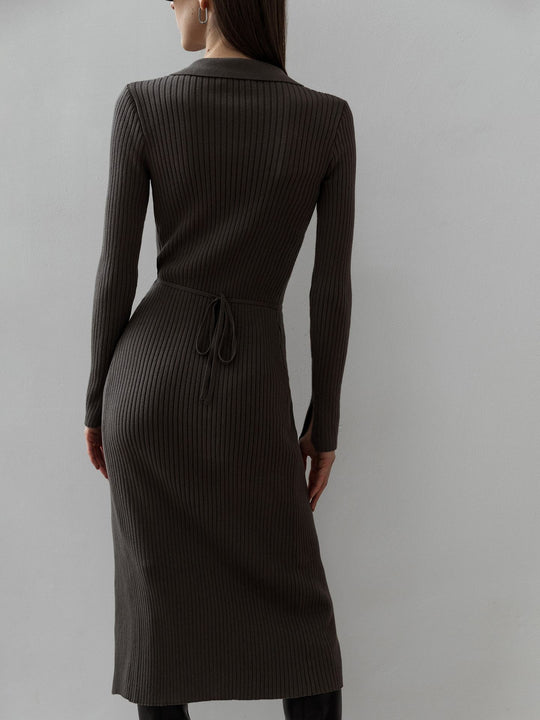 Split Strap Thread Knitted Dress Mid Length Autumn Winter Polo Collar Long Sleeve Sexy Tight Dress
