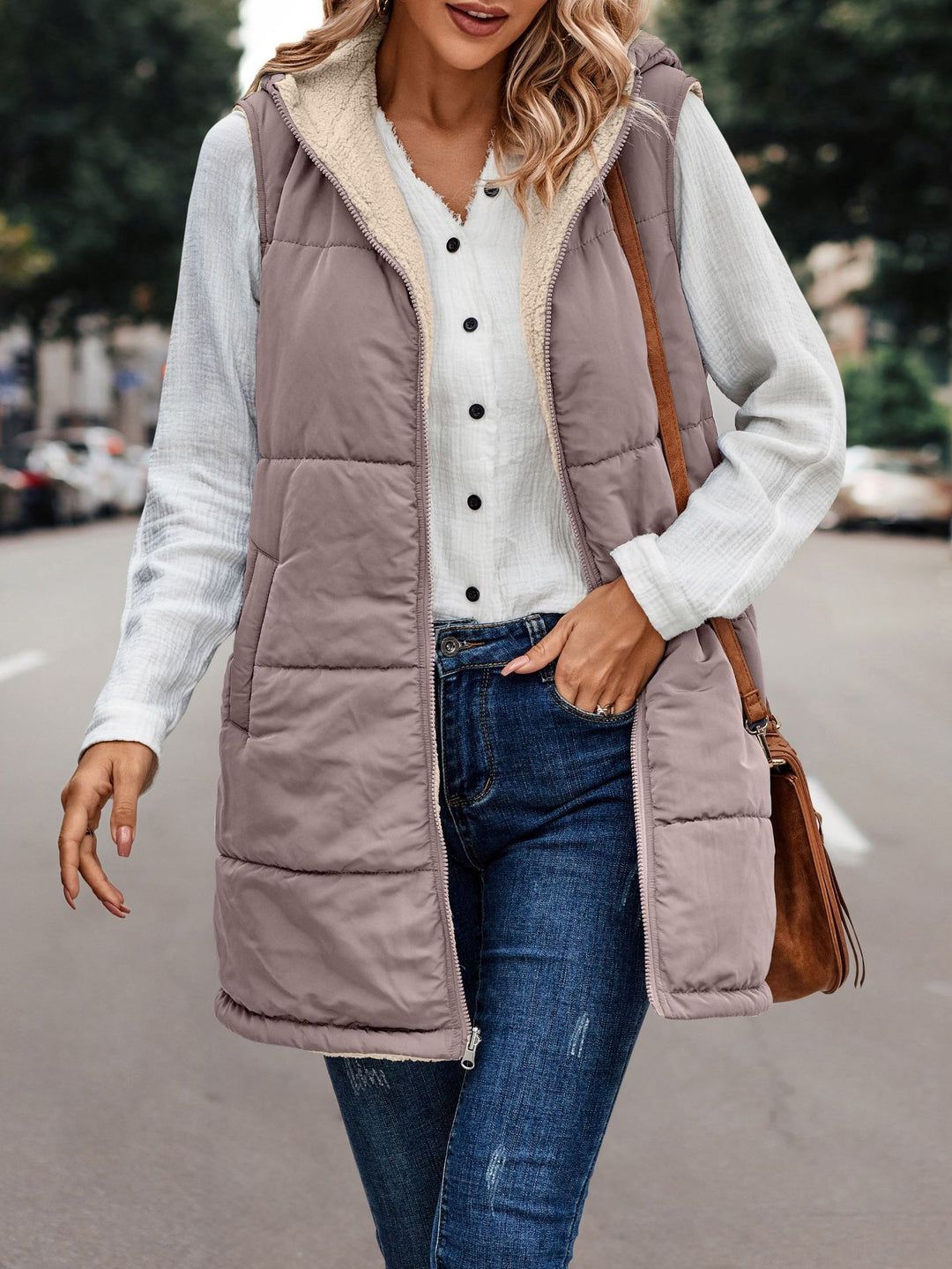 Simple Stitching Plush Double Sided Women Vest Hooded