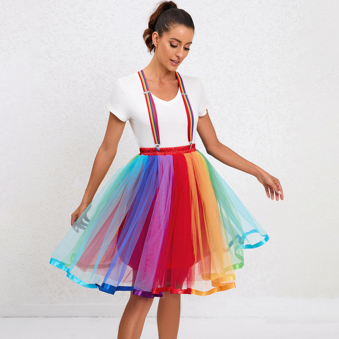 Christmas Super Canopy Multi Layer Rainbow Gauze Skirt Pettiskirt Adult Colorful Suspender Skirt Mesh Suspender Princess Dress