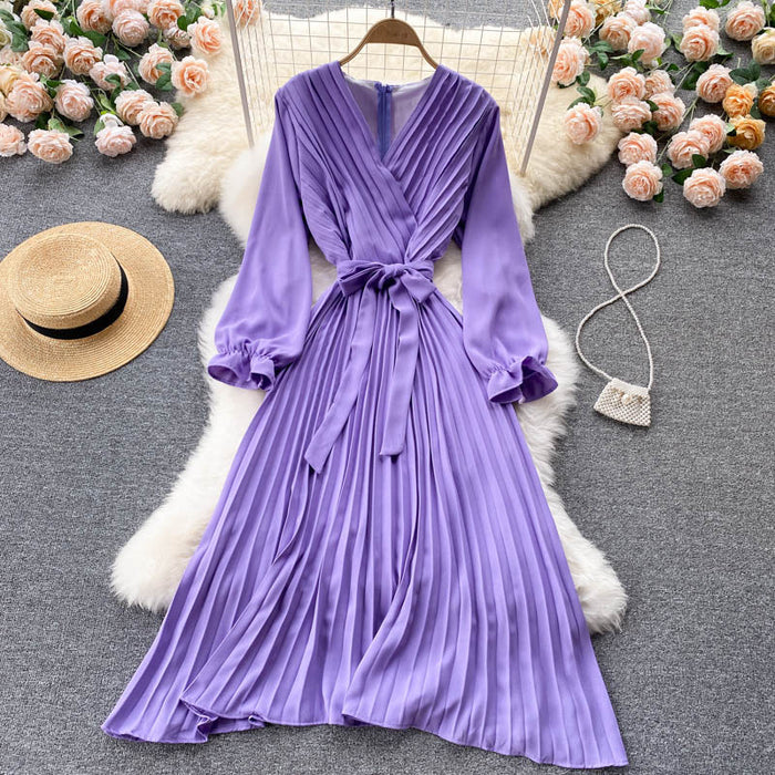 Wear Long Sleeves V-neck Bow Lace-up Cinched Waist over-the-Knee Maxi Dress Women French Retro Big Swing Dress Pleated