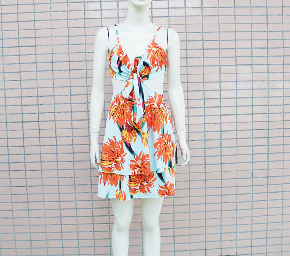 Summer Women Clothing Printed Strap Backless Large Swing Dress Tiered Dress