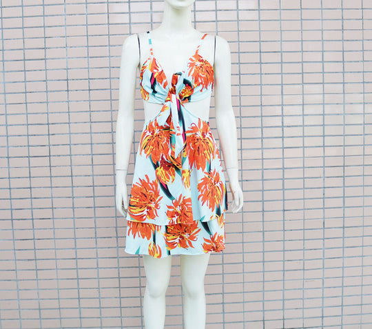Summer Women Clothing Printed Strap Backless Large Swing Dress Tiered Dress