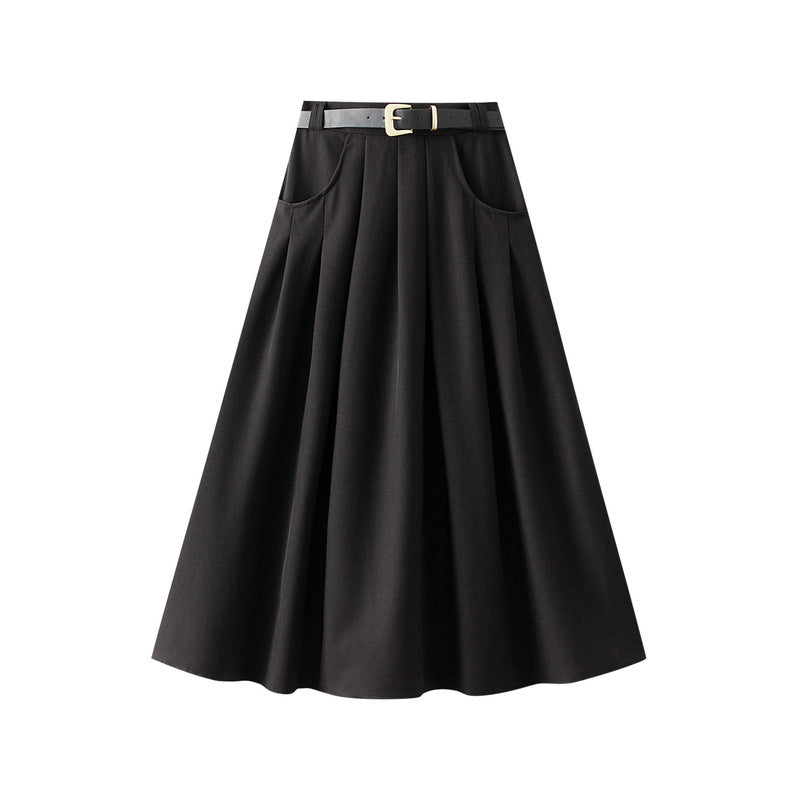 Autumn Winter Half Length Skirt Preppy Half  Length Pleated Skirt with Belt