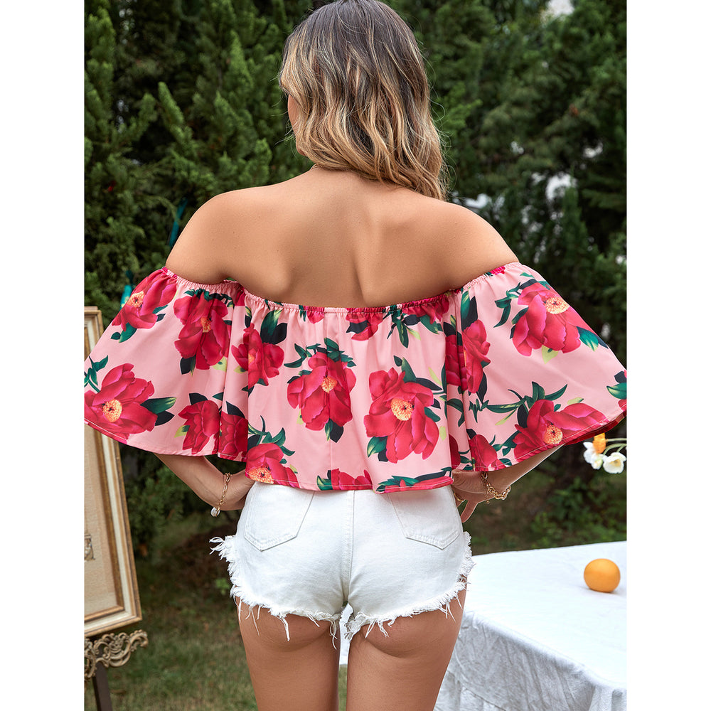 Women Clothing Casual Vacation All Match off Shoulder Floral Shirt