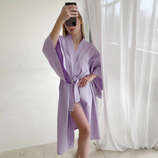 Autumn Light Luxury Waffle Loose Long Robe Hotel Bathrobe French Purple Women Homewear