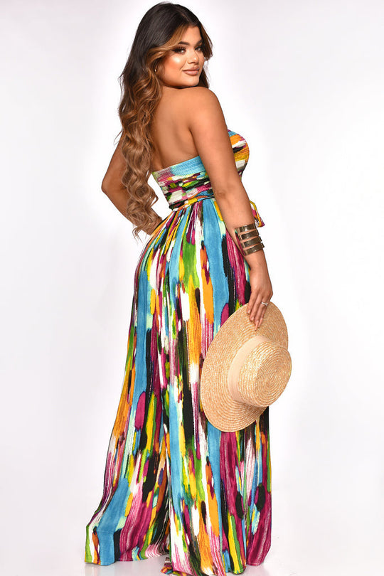 Popular Painted Print Wrapped Chest Nipped-Waist Casual Vacation Jumpsuit