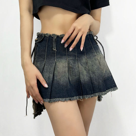Sexy Denim Skirt Women Summer All-Match Distressed Frayed Edge High Waist with Straps Pleated Skirt