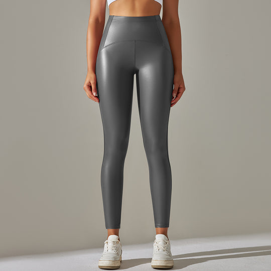 Faux Leather Pants High Elastic Sexy High Waist Solid Color Bright Black Tight Trousers Running Fitness Yoga Pants