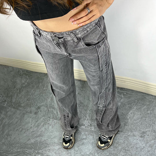 Retro Sexy Straight Loose Jeans Women's Autumn Special Design Stitching Wide Leg Trousers