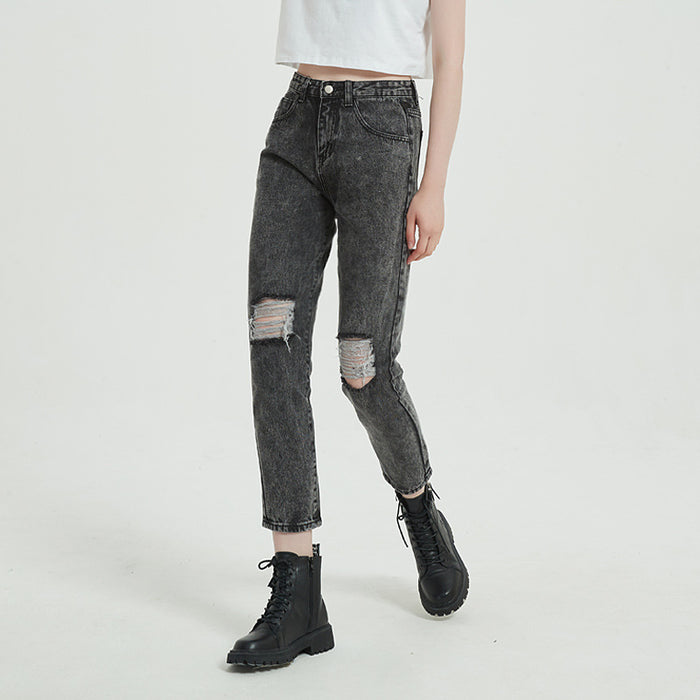 Casual Ladies Denim Spring Autumn Casual Street Ripped Straight Pants