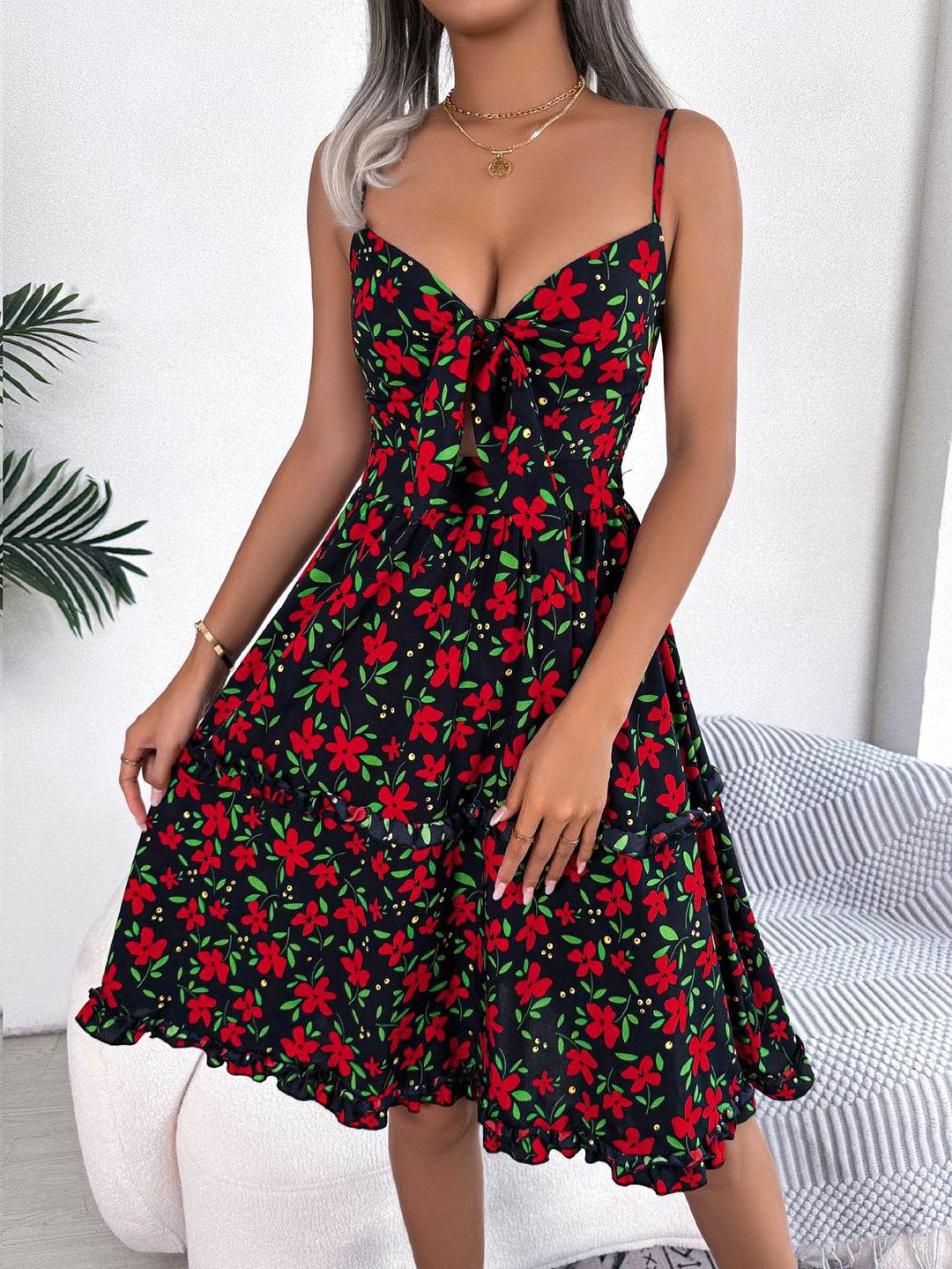 Spring Summer Casual Floral Bow Ruffle Sleeveless Dress Women Clothing