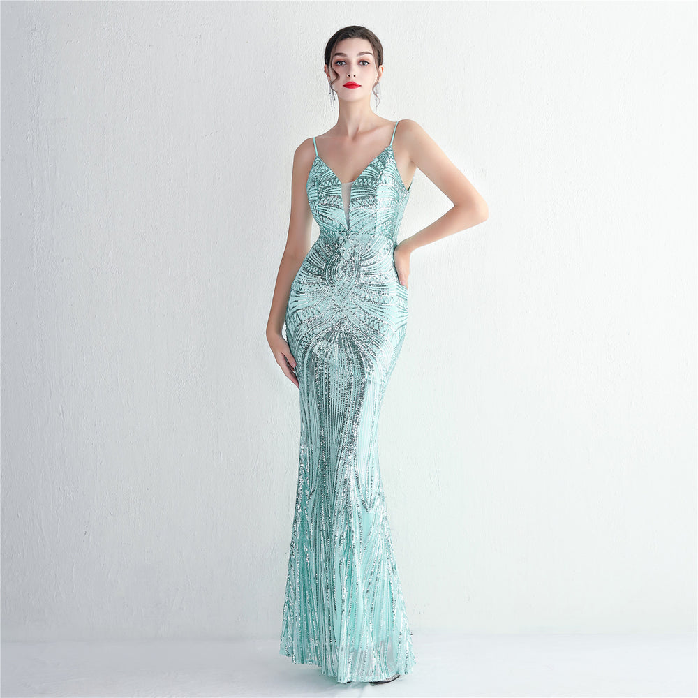 Positioning Floral Suspender Party Sequined Dress Long Banquet Slim Fit Evening Dress Elegant