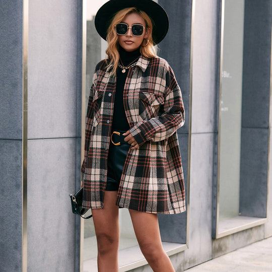 Casual Plaid Single Breasted Collared Mid Length Trench Coat Shacket Plaid Jacket Top Women