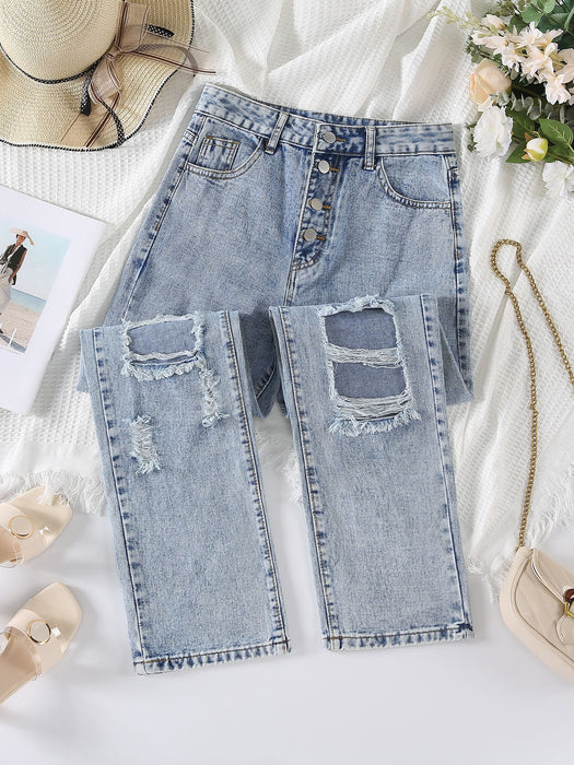Women Clothing Loose Wide Leg High Street Hole Patch Jeans