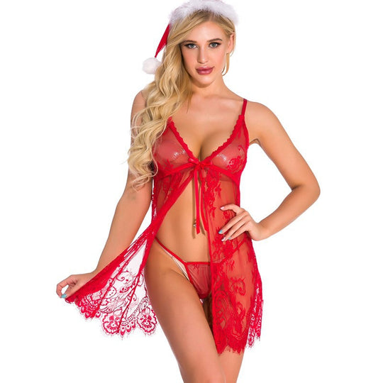 Red Lace Front Slit Christmas Clothes Stage Costume Uniform Temptation Self Figure