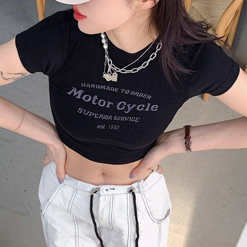 Street Hipster Sexy Basic Letters Embroidered Slim Cropped T Shirt Top
