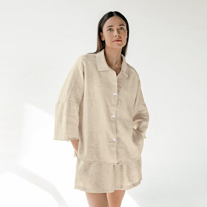 Summer Cotton Linen Pajamas Outer Wear Long Sleeve Shorts Two Piece Set Loose Ladies Home Wear