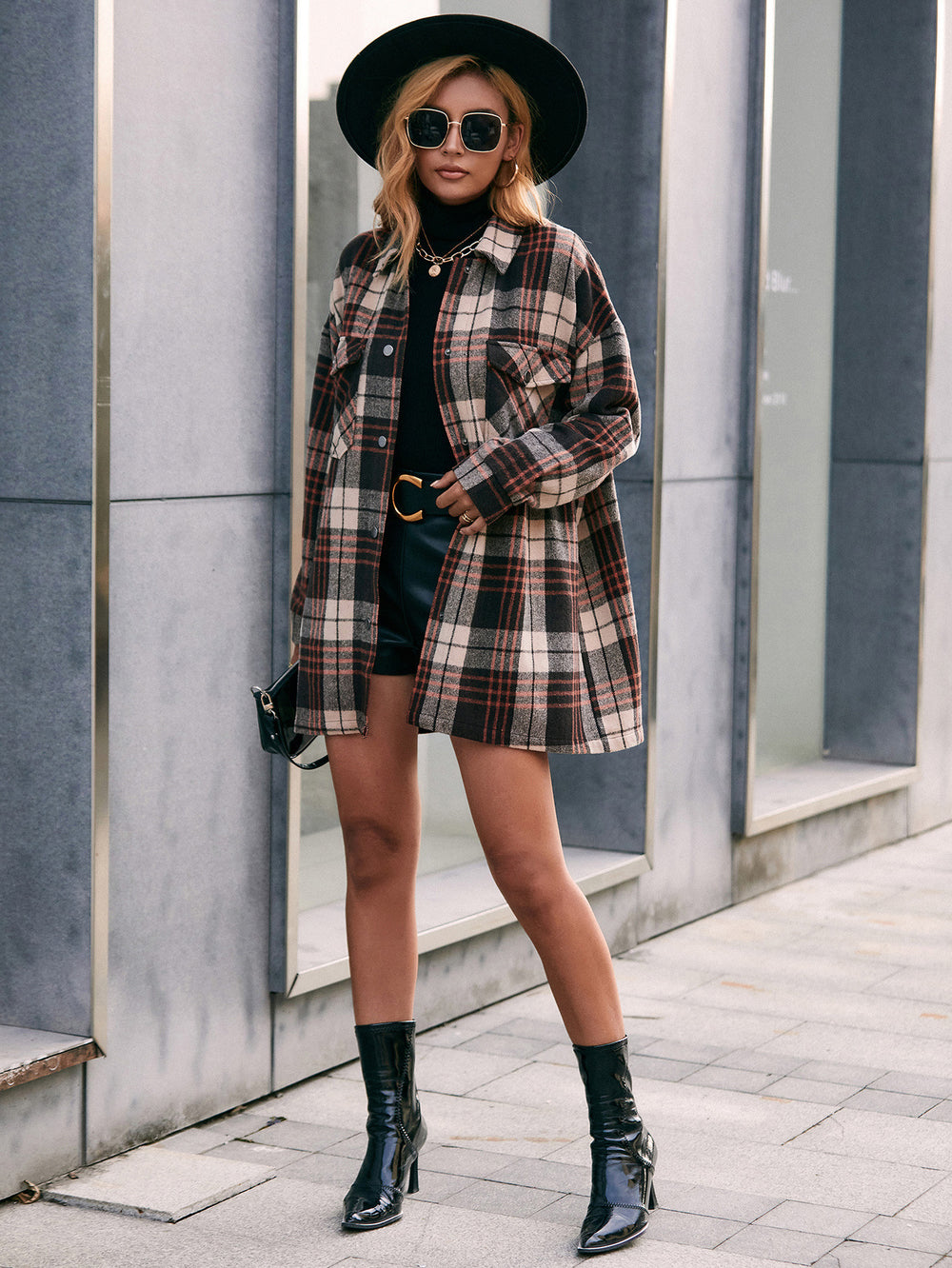 Casual Plaid Single Breasted Collared Mid Length Trench Coat Shacket Plaid Jacket Top Women