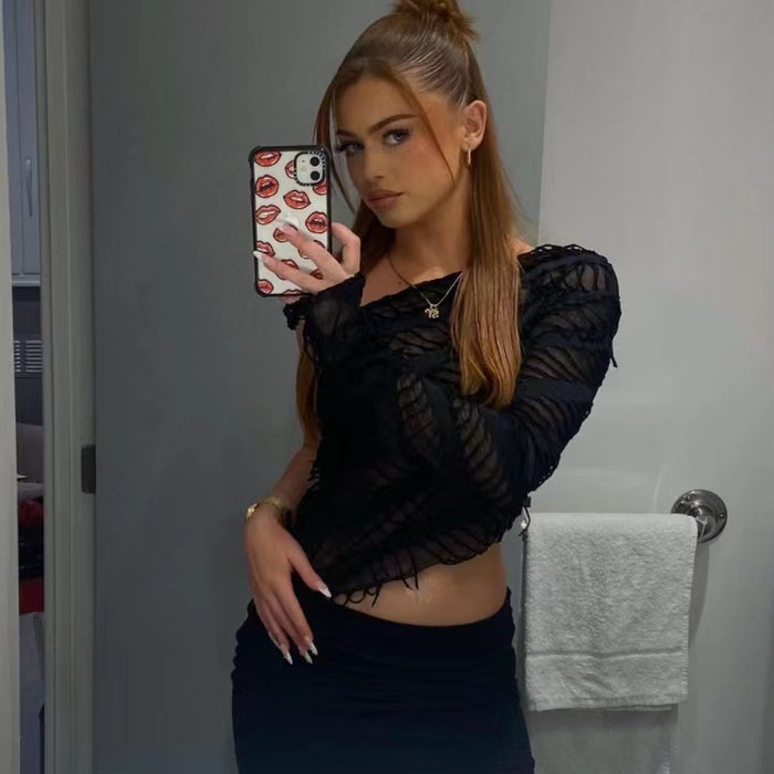 Sexy Oblique Shoulder See Through Knitted Short Top Women Autumn Winter Frayed Long Sleeve Sexy Cropped T Shirt