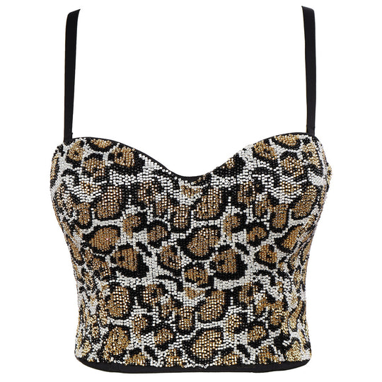 Women Personalized Slim-Looking Beaded Backless Corset Short Leopard Print Outerwear Camisole Tube Top