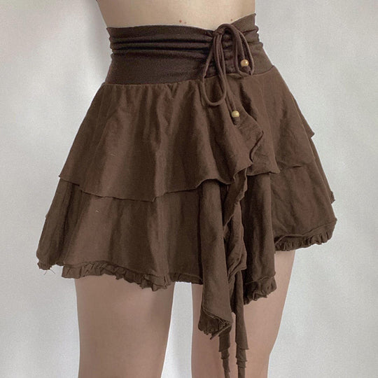 Retro Sweet Irregular Asymmetric Double Layer Ruffled Skirt Cinched Drawstring Lace-up Solid Color Short Skirt