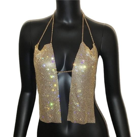 Women Clothing Flashing Rhinestone Deep V Plunge Plunge Chain Sexy Backless Halter Sling Sexy Top Ultra Short Sling