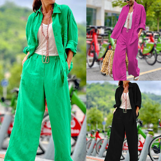 Women Clothing Autumn Solid Color Long Sleeve Shirt Trousers Set