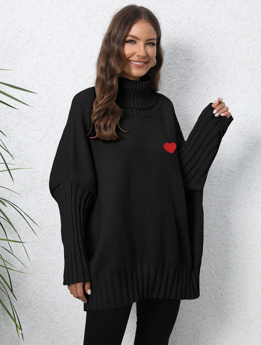 Lady Pullover Tops Women Clothing Knitted Solid Color Turtleneck Collared Loose Woven Love Stickers Sweater
