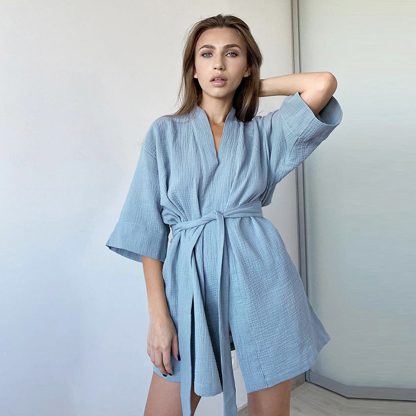 Spring Pure Cotton Casual Home Nightgown Short Cardigan Double Layer Gauze Simple Women  Pajamas