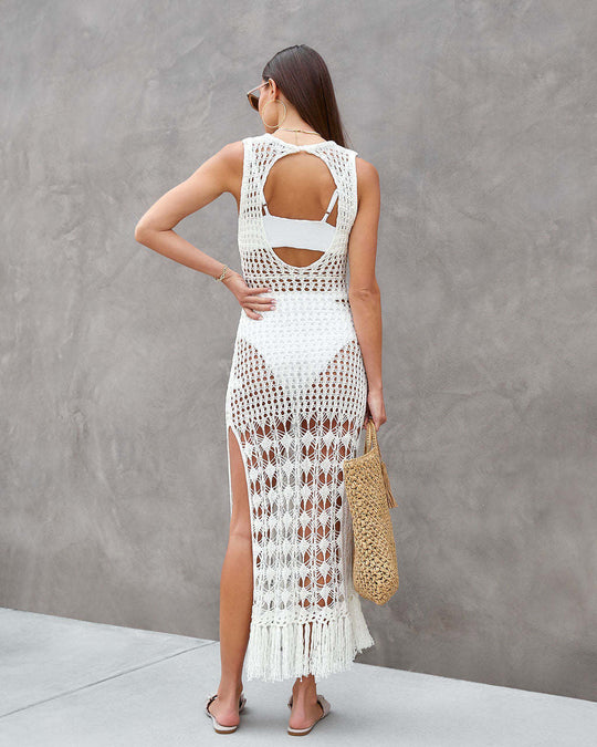 Knitted Beach Cover Up Sexy Cutout Tassel Backless Knitted Dress Casual Beach Cover Up