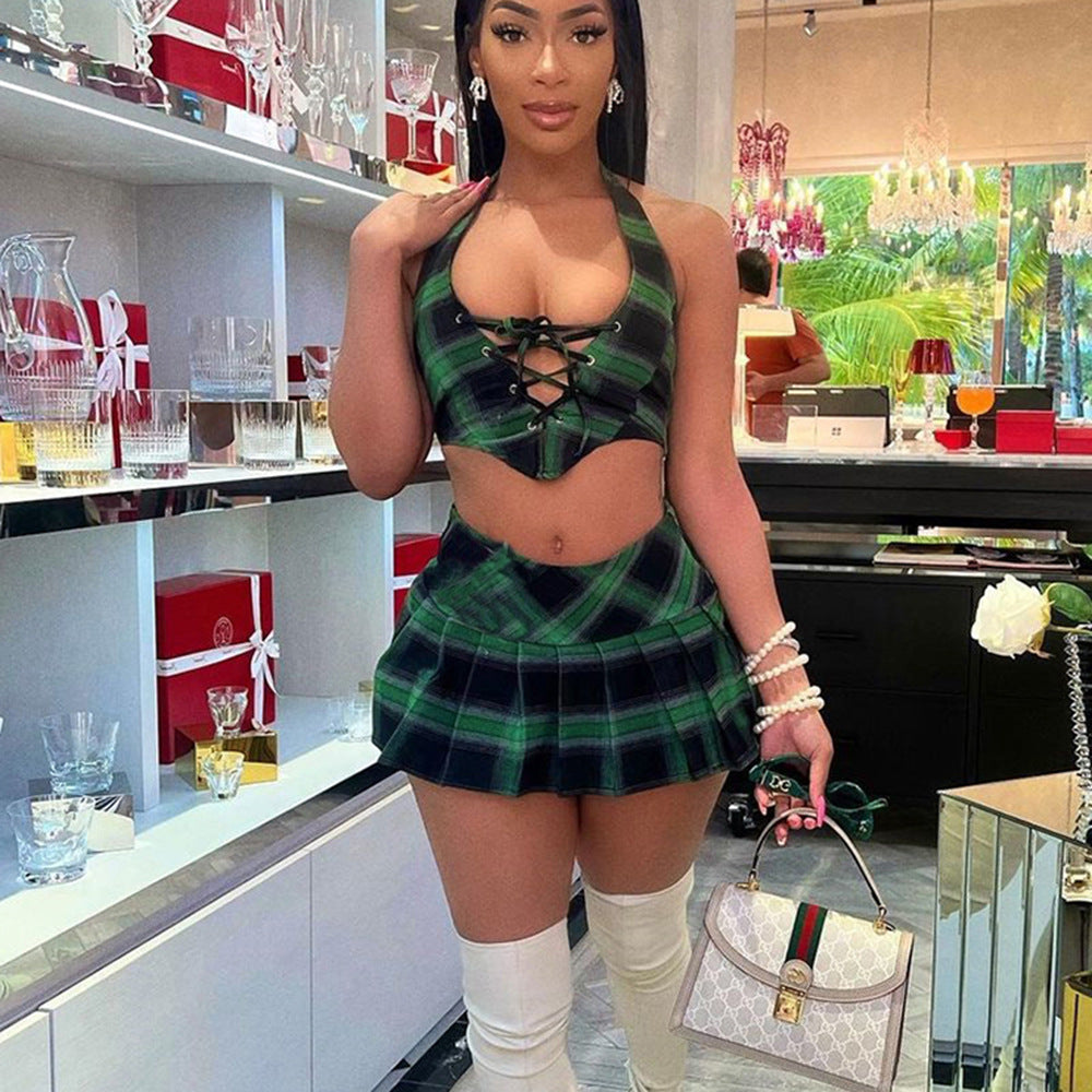 Summer Plaid Wrapped Chest Pleated Miniskirt Two Piece Skirt Set Sexy Women Clothing