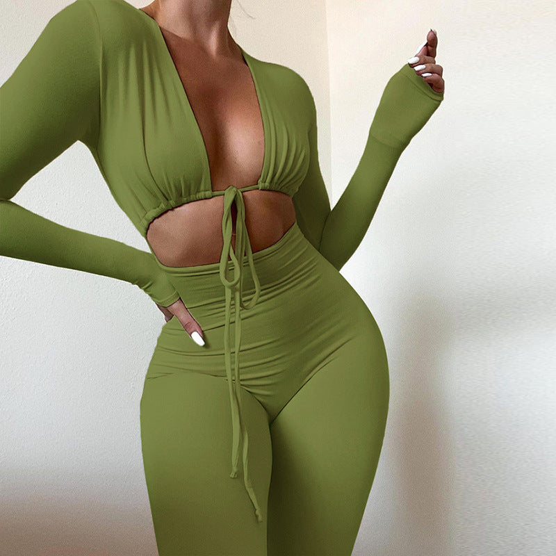 Summer Tight Sexy cropped Lace up Solid Color Jumpsuit for Women