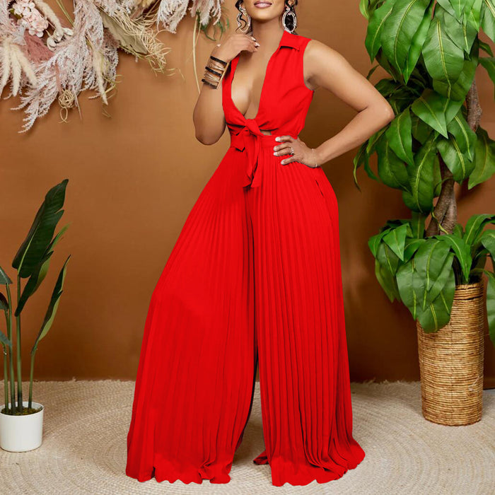 Women Clothing Summer V Neck Long Sleeve Collared Loose Pleated Wide Leg Jumpsuit
