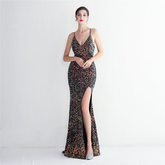 Velvet Bottom Sequin Suspender Party Sequined Dress Long Banquet Slim Fit Evening Dress Elegant