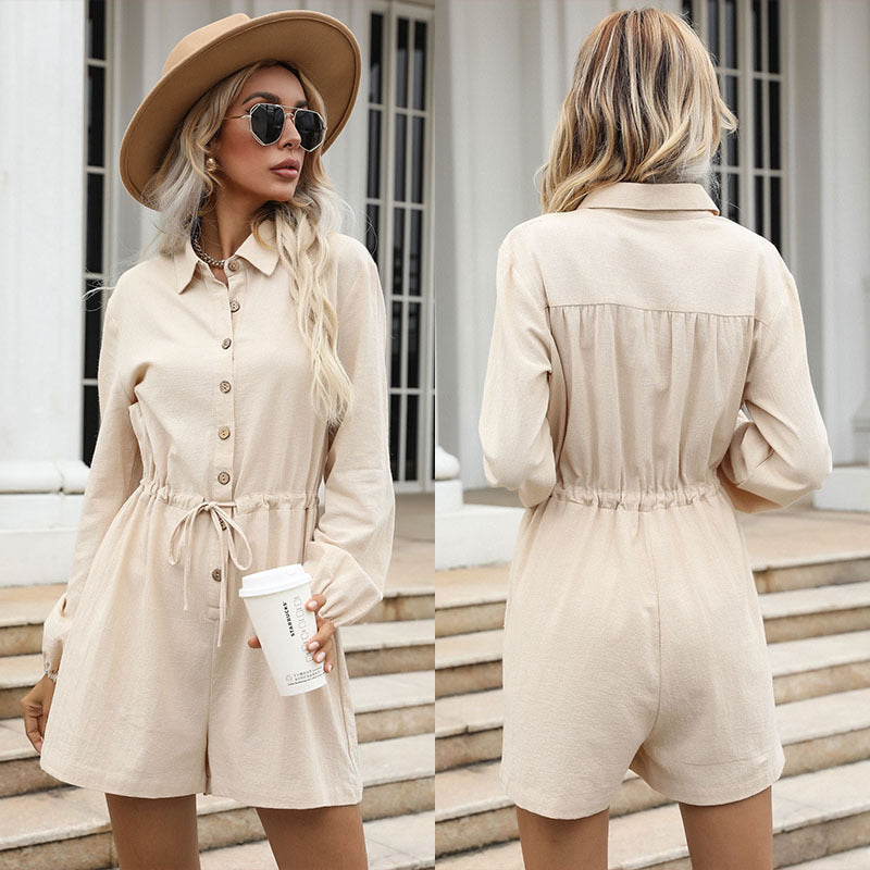 Autumn Solid Color Polo Collar Drawstring Shirt Wide Leg   for Women Romper