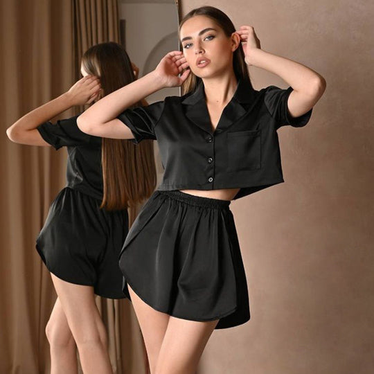 Pajamas Women Set Winter Black Turn down Collar Shorts Can Be Worn outside Split Casual Homewear