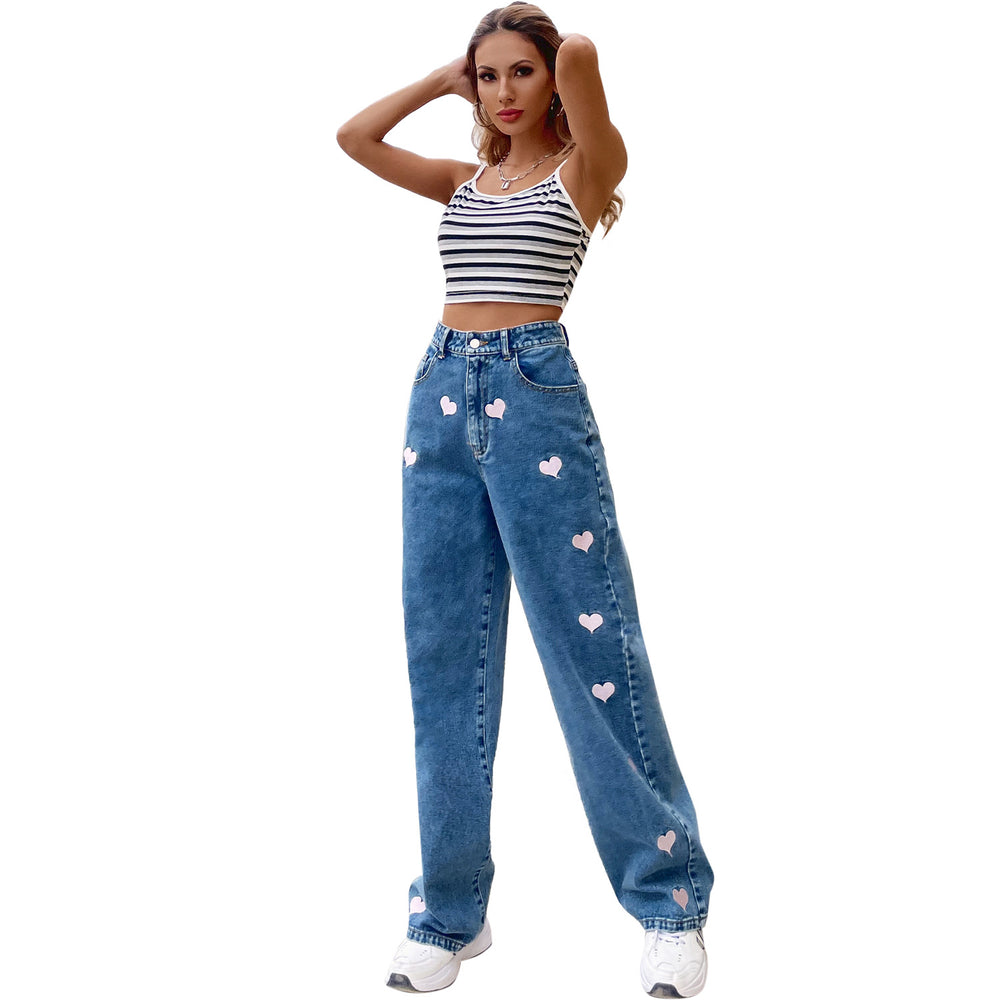 Women Clothing Casual Loose Pattern Straight Mop Denim Trousers