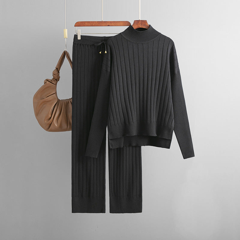 Women Clothing Autumn Winter Sunken Stripe Mock Neck Sweater Suit Solid Color Loose Warm Pullover Two Piece Set