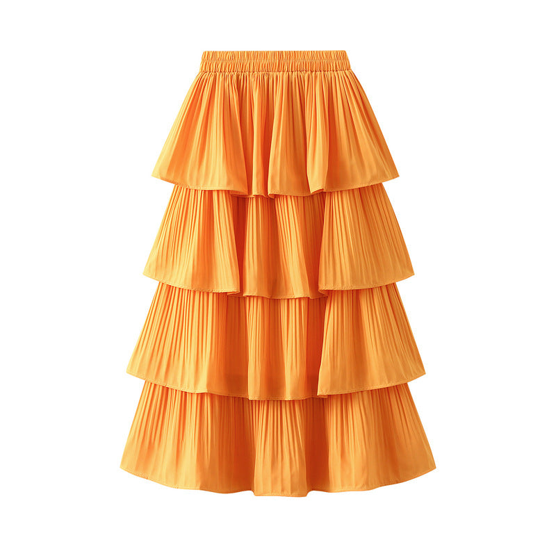 Wooden Ear Stitching Pleated Big Hem Skirt Women's Summer Mid Length Tiered Dress