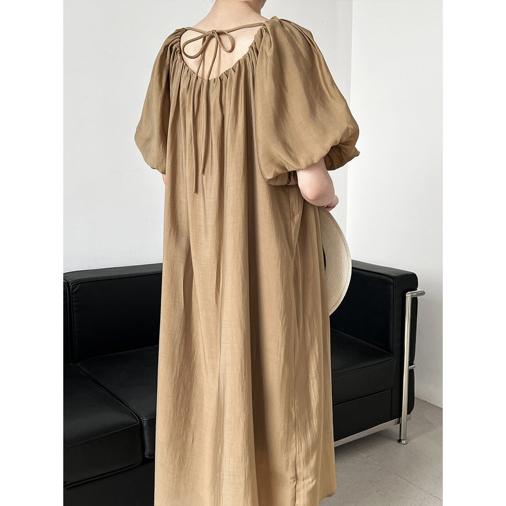 Wear Both  Tencel Puff Sleeve Dress Summer Korean Thin Lace up Waist  Tight Square Collar Fairy Dress