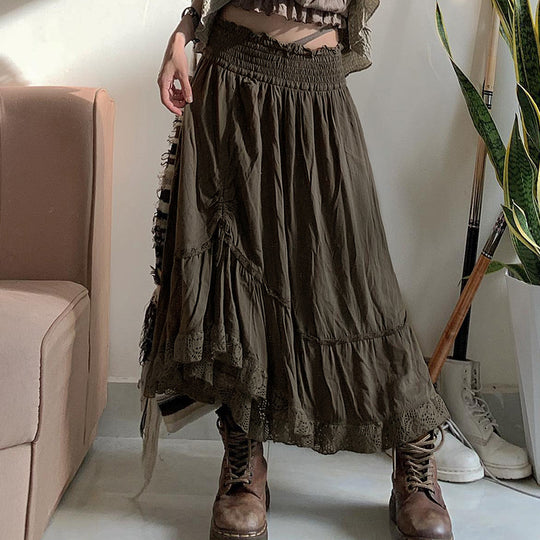 Street Retro Skirt High Waist Asymmetric Lace Stitching Casual Sexy Pleated Skirt