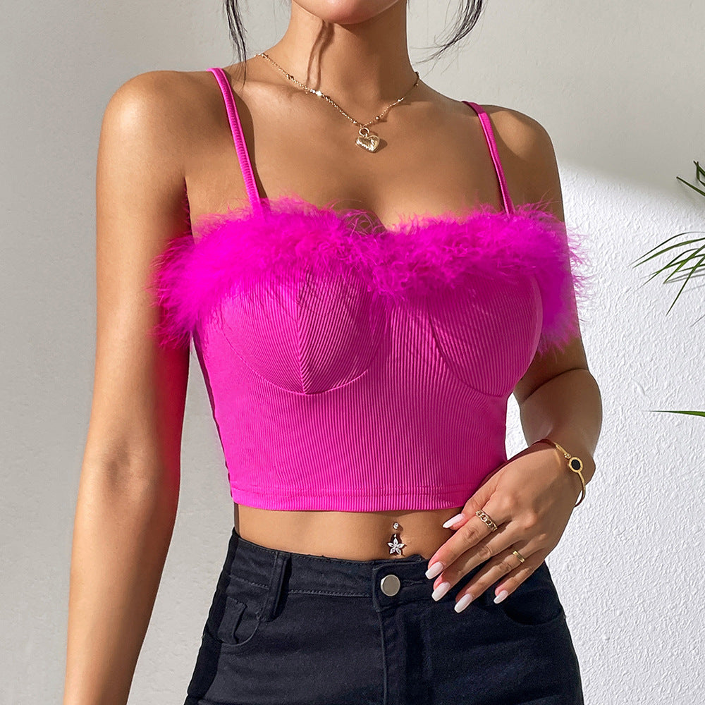 Sexy Chest Wrapped Cropped Tight Feather Camisole Women